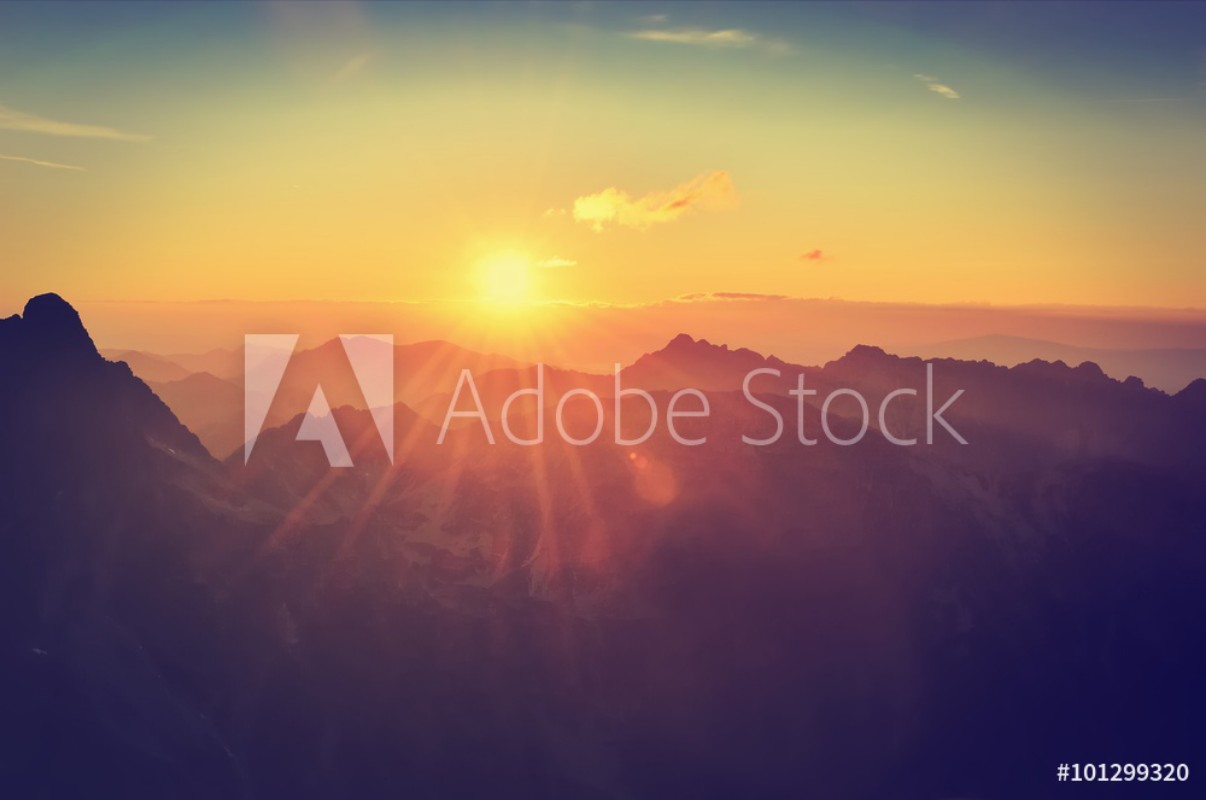 Picture of Summer mountain landscape at sunset Sun and peaks in High Tatra Mountains Poland
